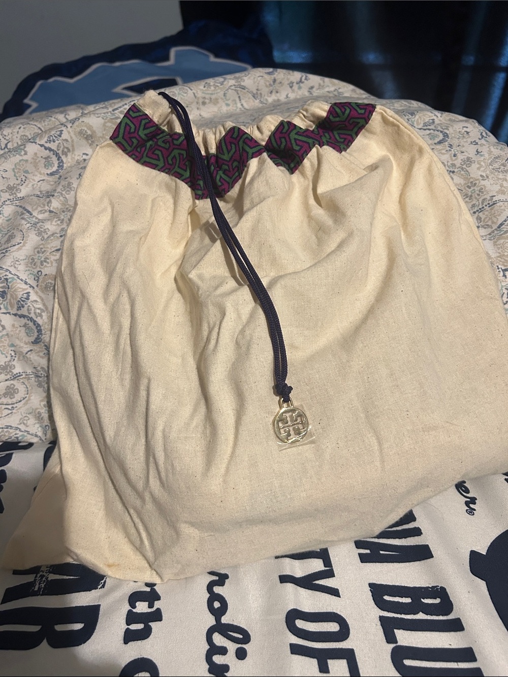 Tory Burch Natural Canvas Dust Bag with Purple & Green Trim